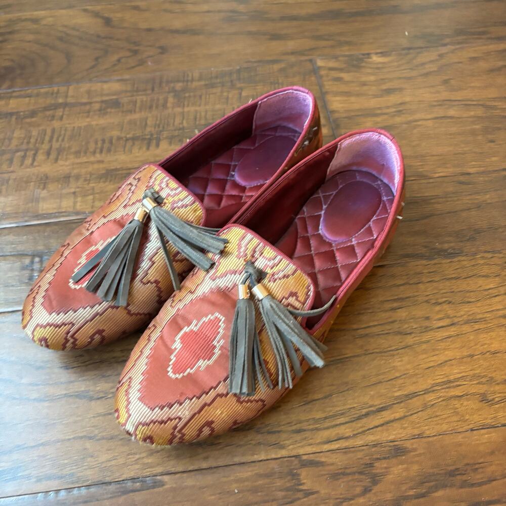 Birdies Red and Gold Patterned Tassel Loafers
